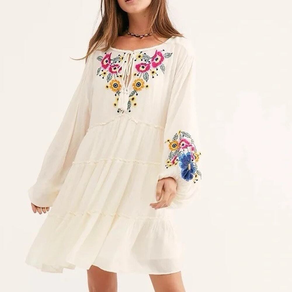 Free People XS Spell on You Dress Floral Embroidered Oversized Boho Festival